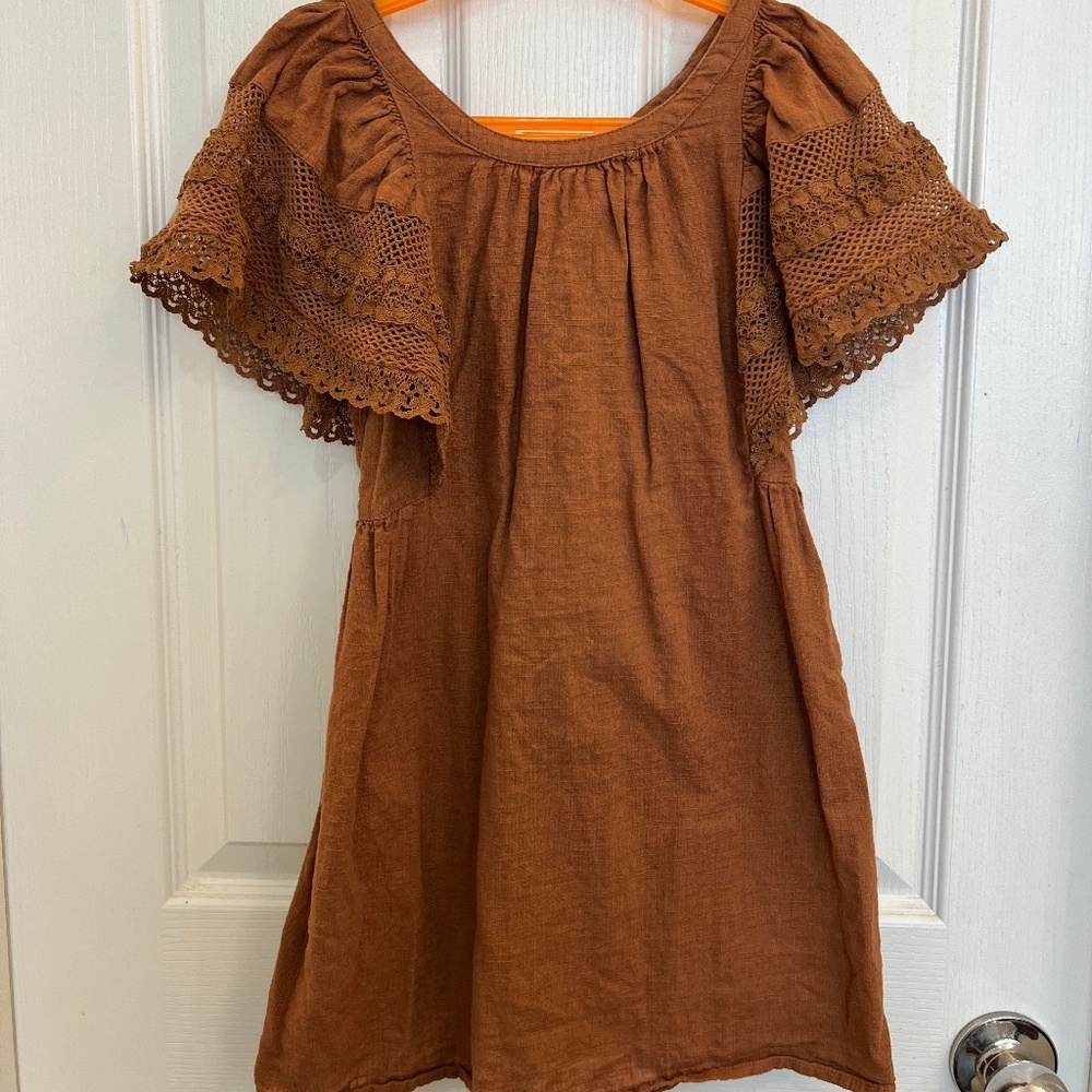 Old Navy Kids Brown Knit Wide Sleeve Dress with V-neck back size 6/7